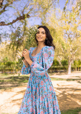 Azure Bloom Handblock Maxi Dress